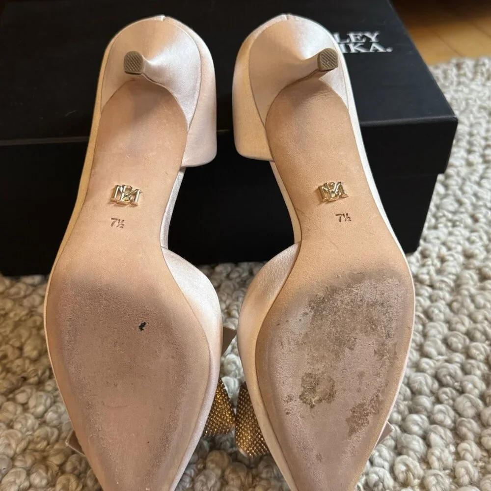 Badgley Mischka Meilani Blush Pink Satin Kitten Heel Crystal Bows